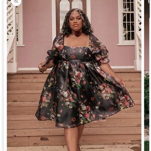 JessaKae Black Floral Midi Polly Dress With Puff Sleeves